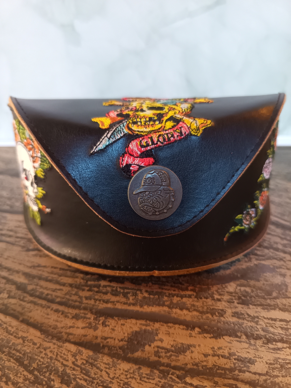 Ed Hardy Embroidered Skull Leather Sunglasses Case